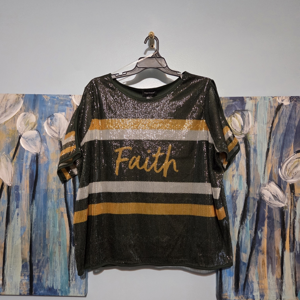 Sequin Striped Top with 'Faith' Embroidery